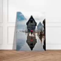 inondation en asie et parapluie rouge