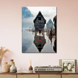 inondation en asie et parapluie rouge