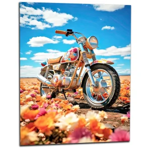 moto colorée sur tapis de fleurs