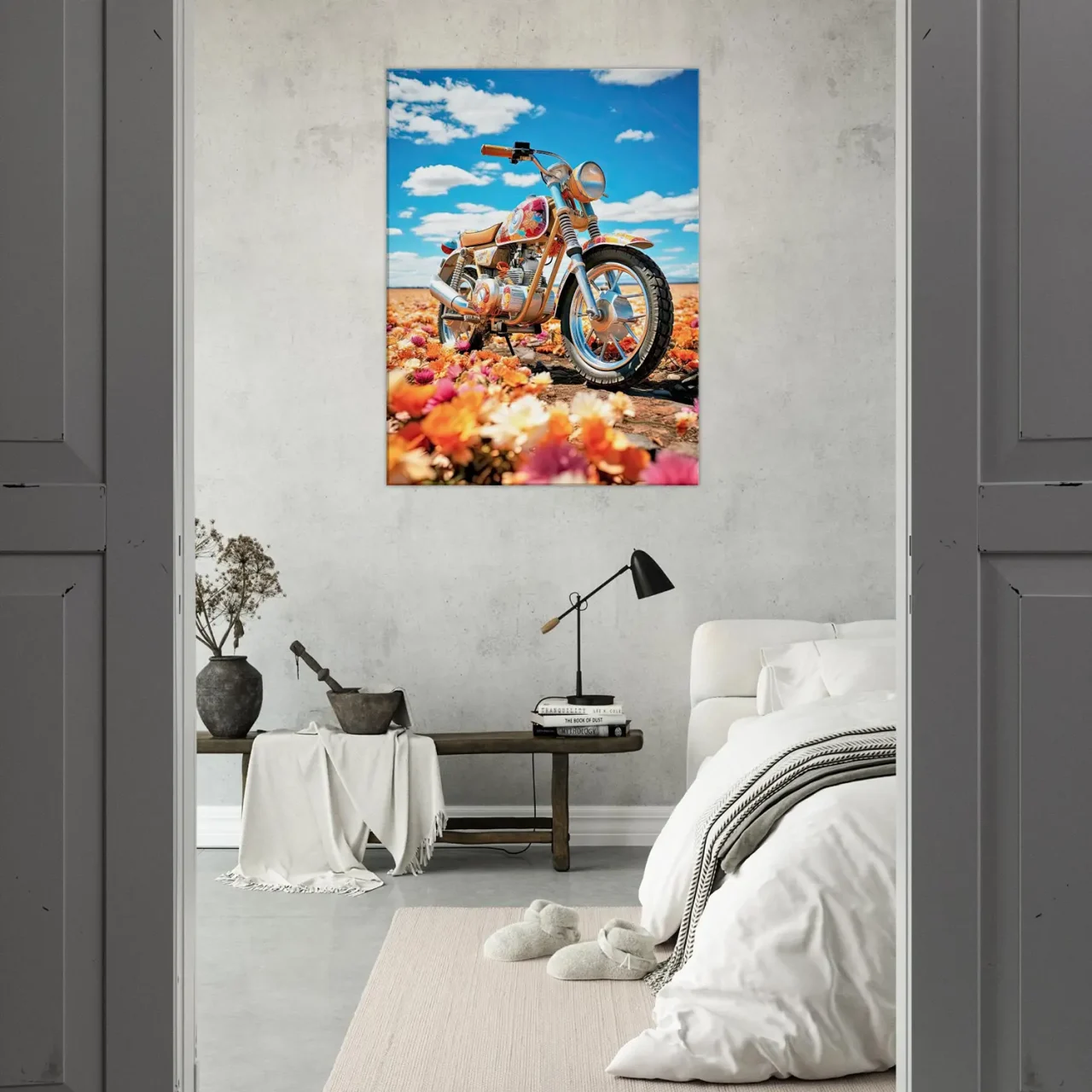 Cadre moto colorée sur tapis de fleurs moto colorée sur tapis de fleurs