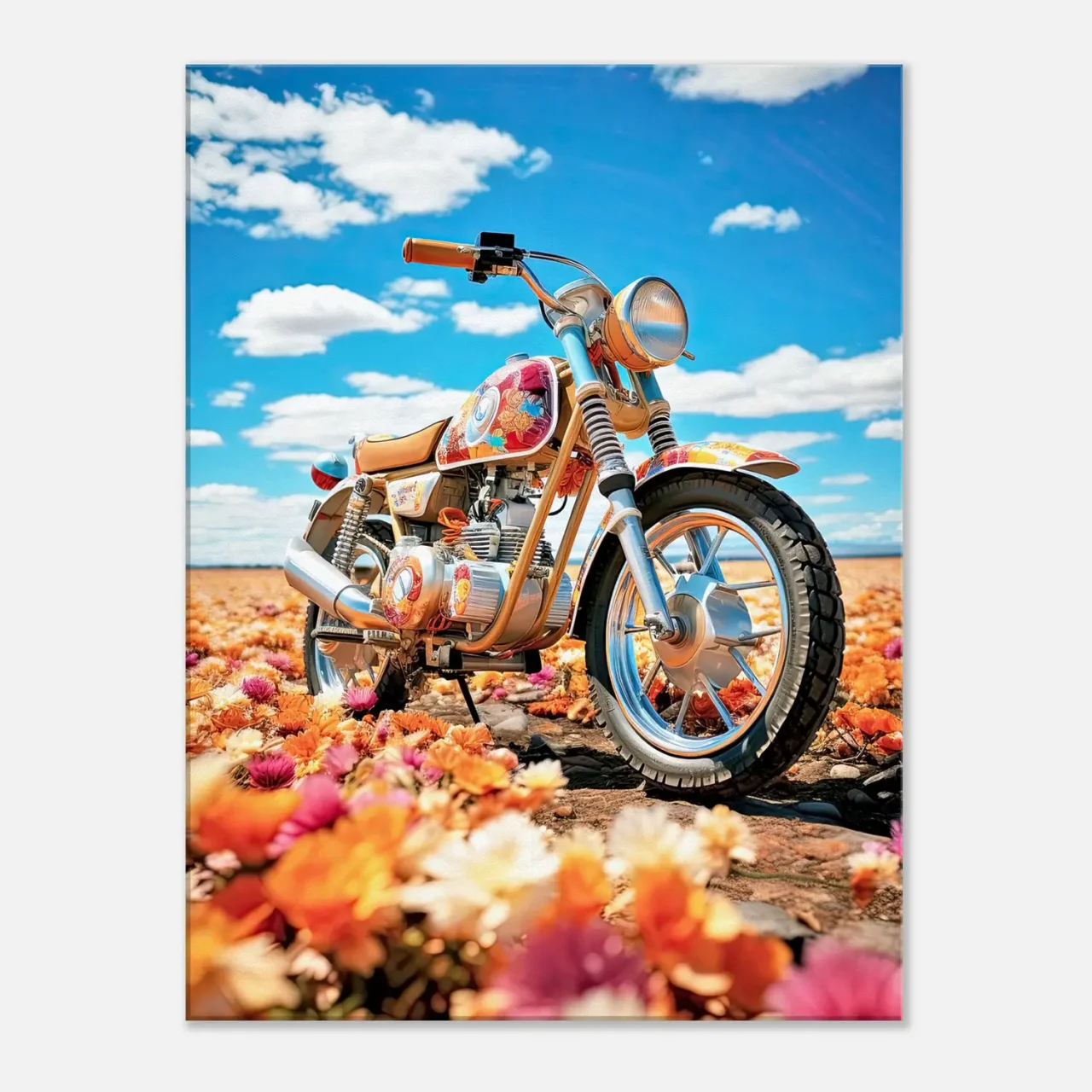 Cadre moto colorée sur tapis de fleurs moto colorée sur tapis de fleurs
