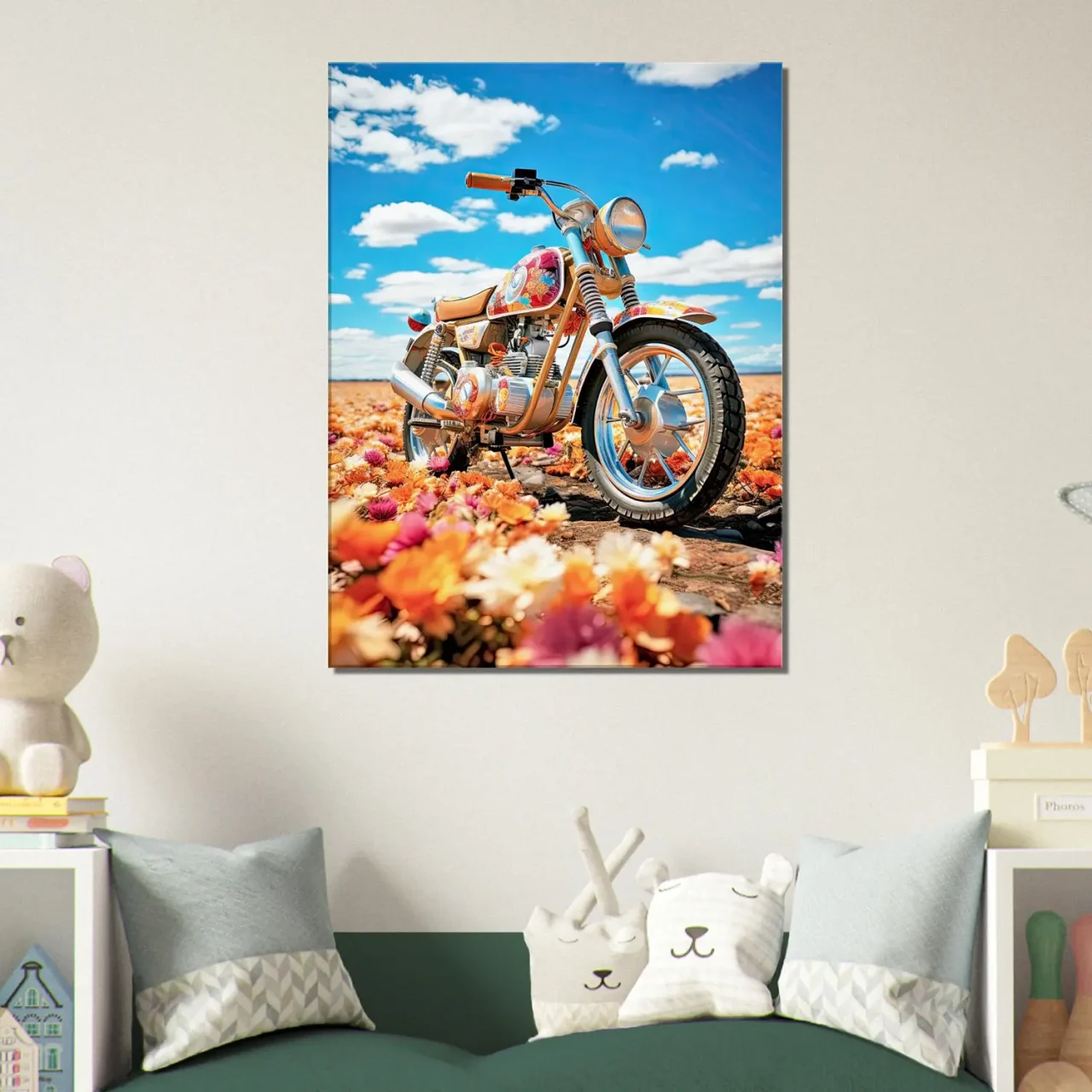 Cadre moto colorée sur tapis de fleurs moto colorée sur tapis de fleurs