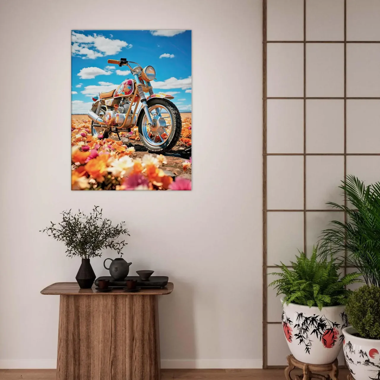 Cadre moto colorée sur tapis de fleurs moto colorée sur tapis de fleurs