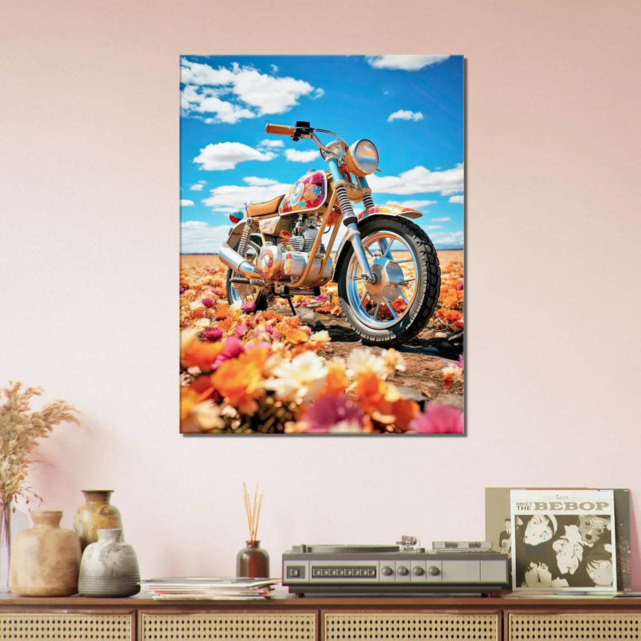 Cadre moto colorée sur tapis de fleurs moto colorée sur tapis de fleurs