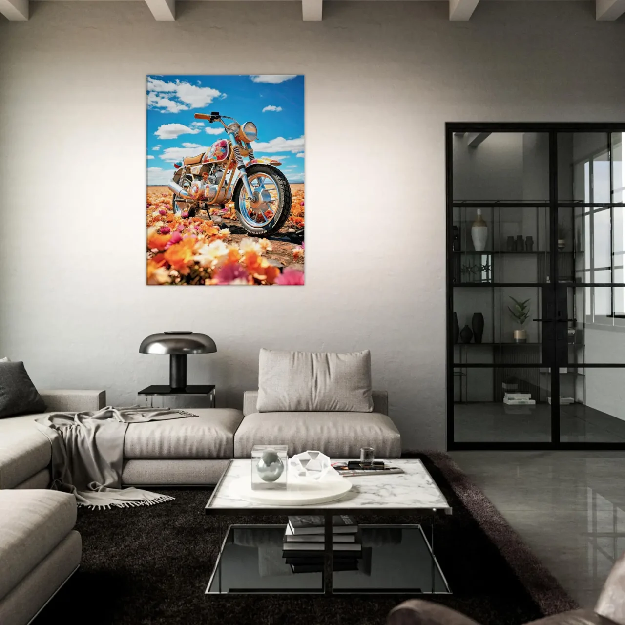 Cadre moto colorée sur tapis de fleurs moto colorée sur tapis de fleurs