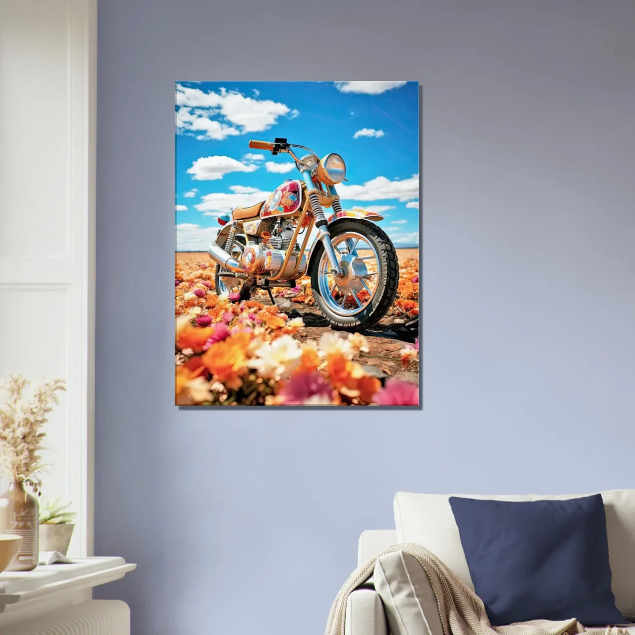 Cadre moto colorée sur tapis de fleurs moto colorée sur tapis de fleurs