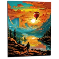 Cadre Paysage de montagne et montgolfière paysage de montagne et montgolfière