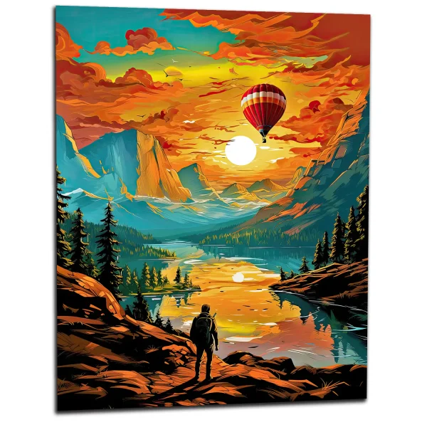 paysage de montagne et montgolfière