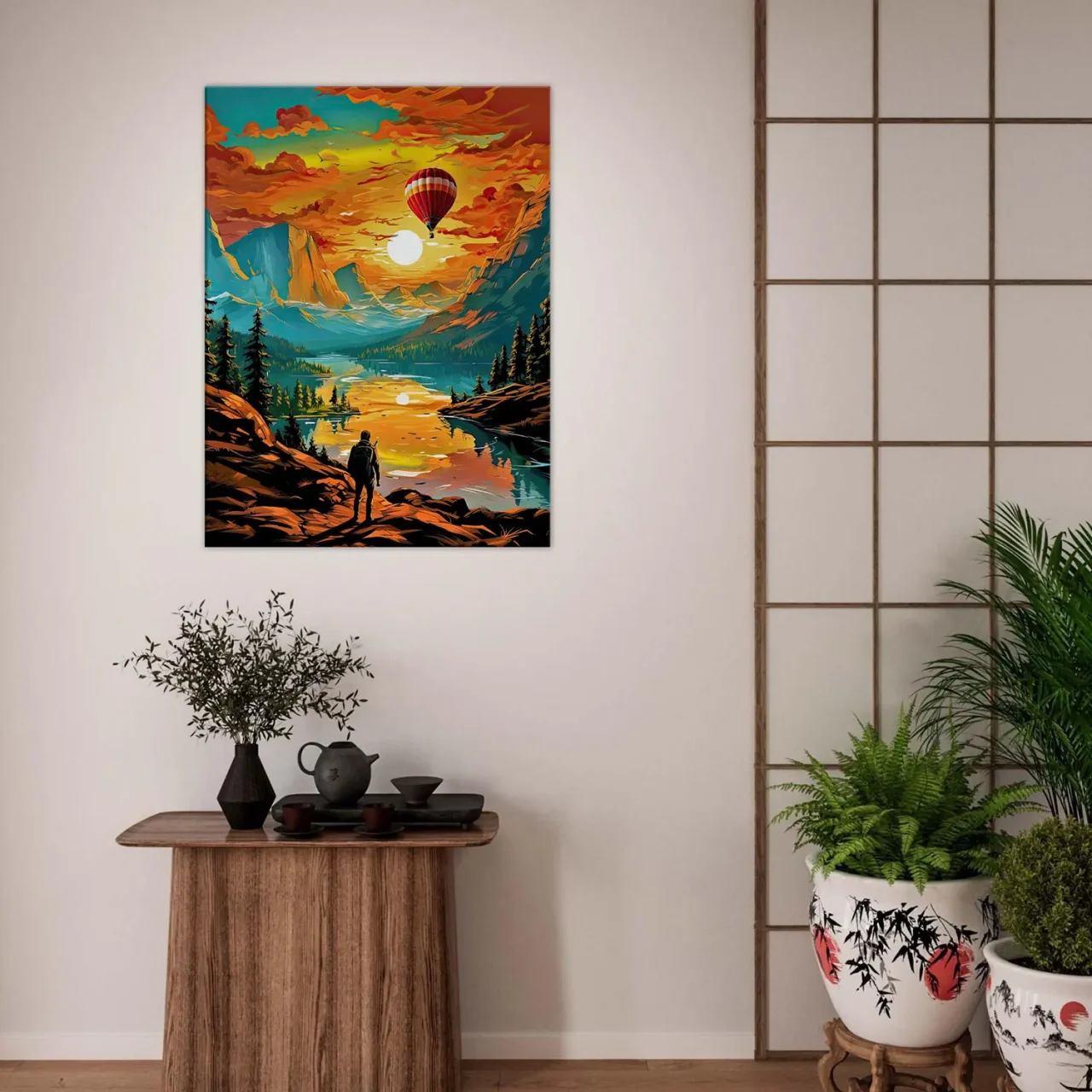 paysage de montagne et montgolfière