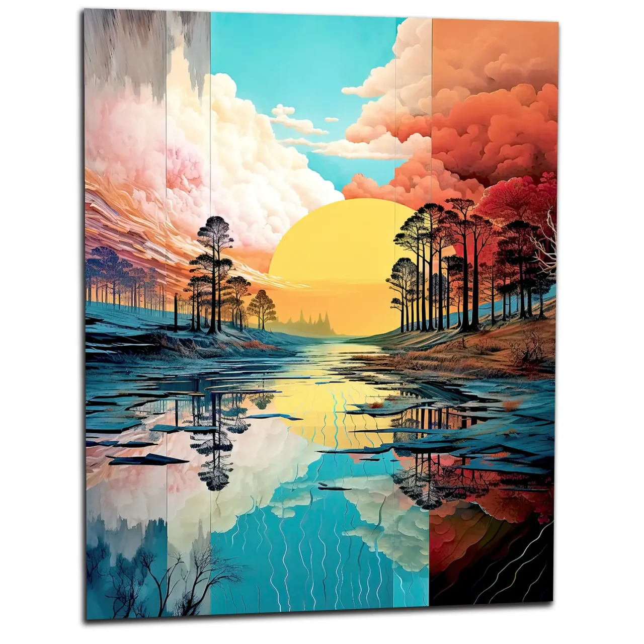 Paysage lac, nuages et soleil surréaliste pastel paysage lac, nuages et soleil surréaliste pastel
