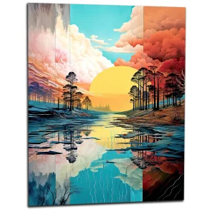 Paysage lac, nuages et soleil surréaliste pastel