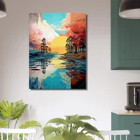 Paysage lac, nuages et soleil surréaliste pastel paysage lac, nuages et soleil surréaliste pastel