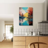 Paysage lac, nuages et soleil surréaliste pastel paysage lac, nuages et soleil surréaliste pastel