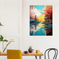 Paysage lac, nuages et soleil surréaliste pastel paysage lac, nuages et soleil surréaliste pastel