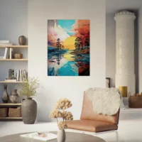 Paysage lac, nuages et soleil surréaliste pastel paysage lac, nuages et soleil surréaliste pastel