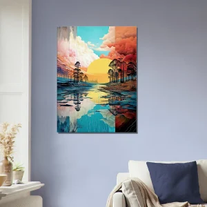Paysage lac, nuages et soleil surréaliste pastel paysage lac, nuages et soleil surréaliste pastel