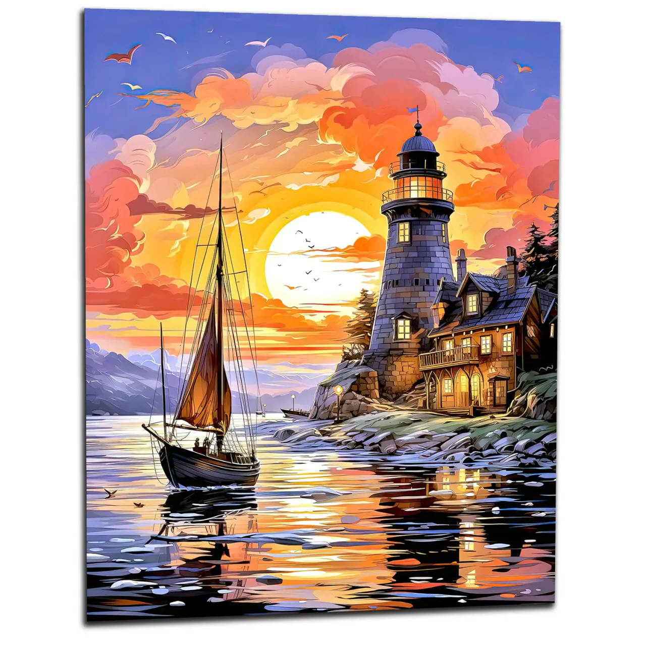 Tableau Petit voilier et phare au coucher de soleil petit voilier et phare au coucher de soleil