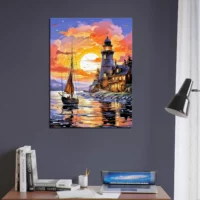Tableau Petit voilier et phare au coucher de soleil petit voilier et phare au coucher de soleil