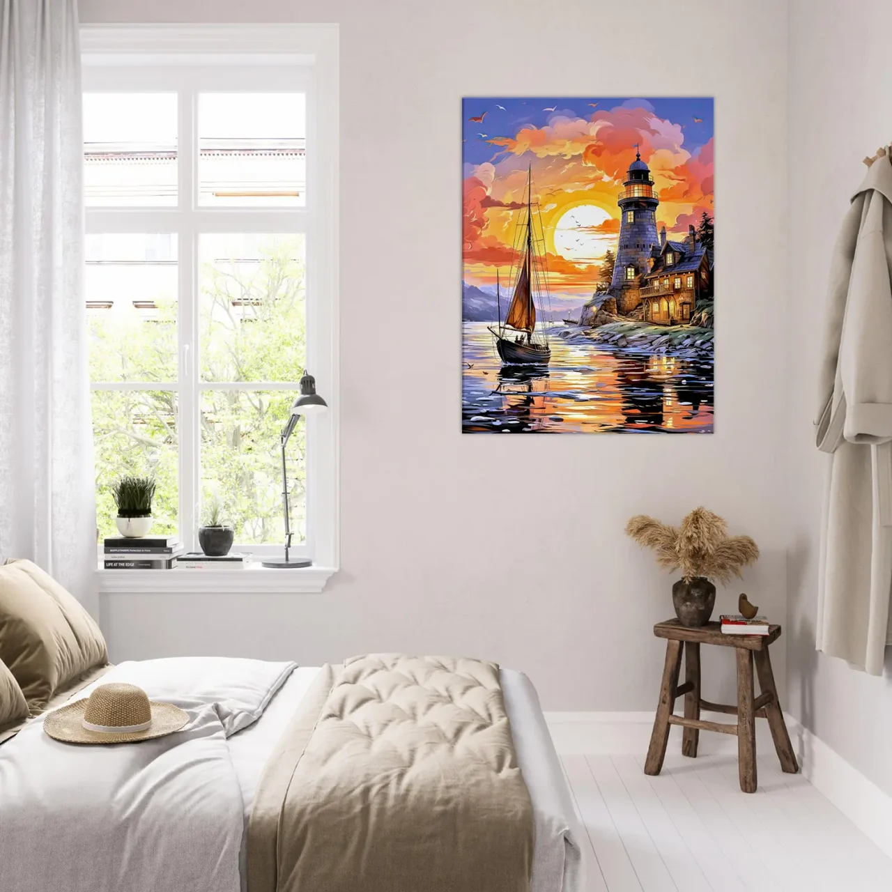 Tableau Petit voilier et phare au coucher de soleil petit voilier et phare au coucher de soleil