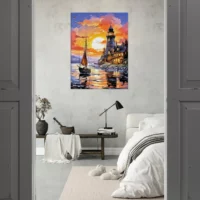 Tableau Petit voilier et phare au coucher de soleil petit voilier et phare au coucher de soleil