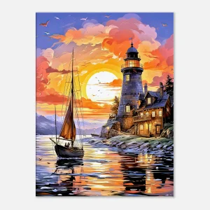 Tableau Petit voilier et phare au coucher de soleil petit voilier et phare au coucher de soleil