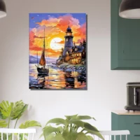Tableau Petit voilier et phare au coucher de soleil petit voilier et phare au coucher de soleil