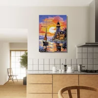 Tableau Petit voilier et phare au coucher de soleil petit voilier et phare au coucher de soleil