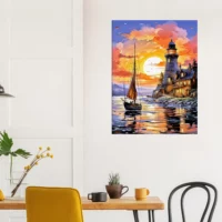 Tableau Petit voilier et phare au coucher de soleil petit voilier et phare au coucher de soleil