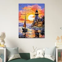 Tableau Petit voilier et phare au coucher de soleil petit voilier et phare au coucher de soleil