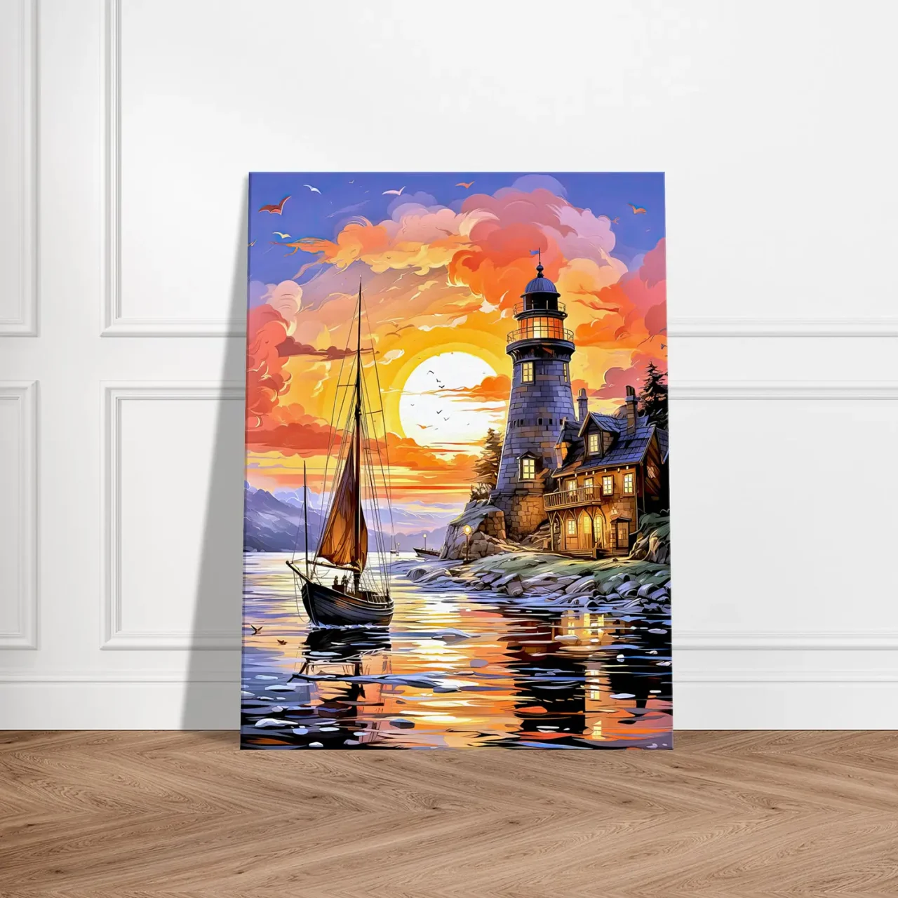Tableau Petit voilier et phare au coucher de soleil petit voilier et phare au coucher de soleil