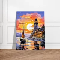 Tableau Petit voilier et phare au coucher de soleil petit voilier et phare au coucher de soleil