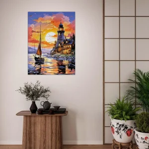 Tableau Petit voilier et phare au coucher de soleil petit voilier et phare au coucher de soleil