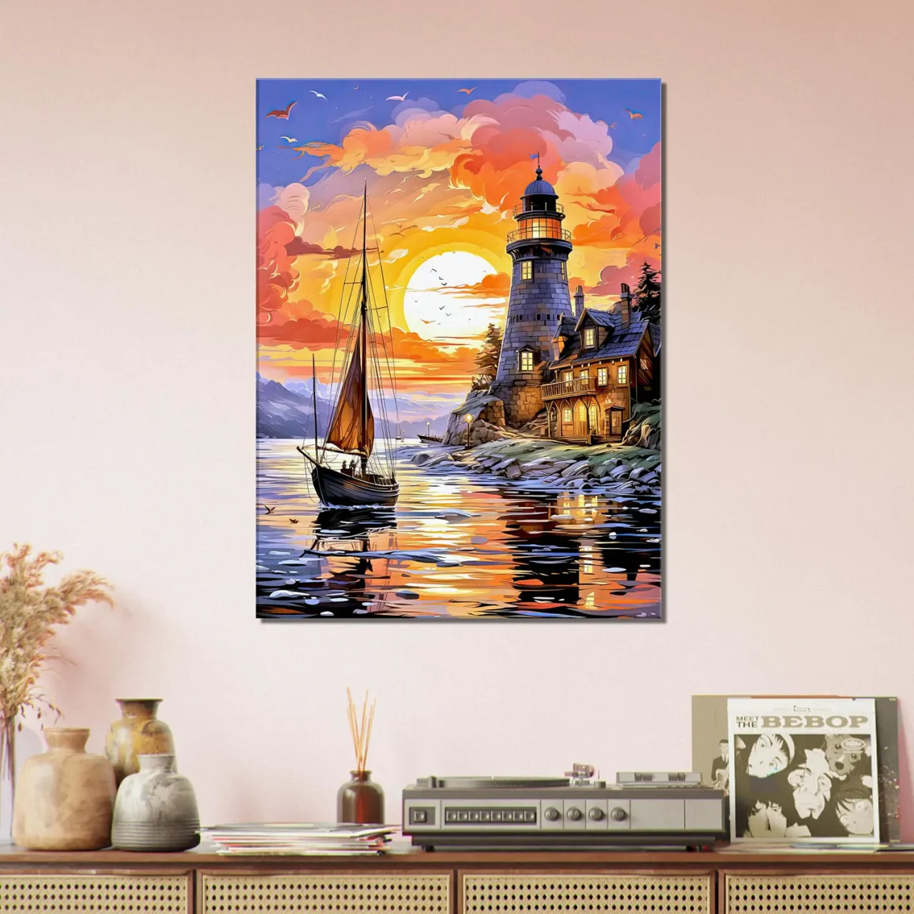 Tableau Petit voilier et phare au coucher de soleil petit voilier et phare au coucher de soleil