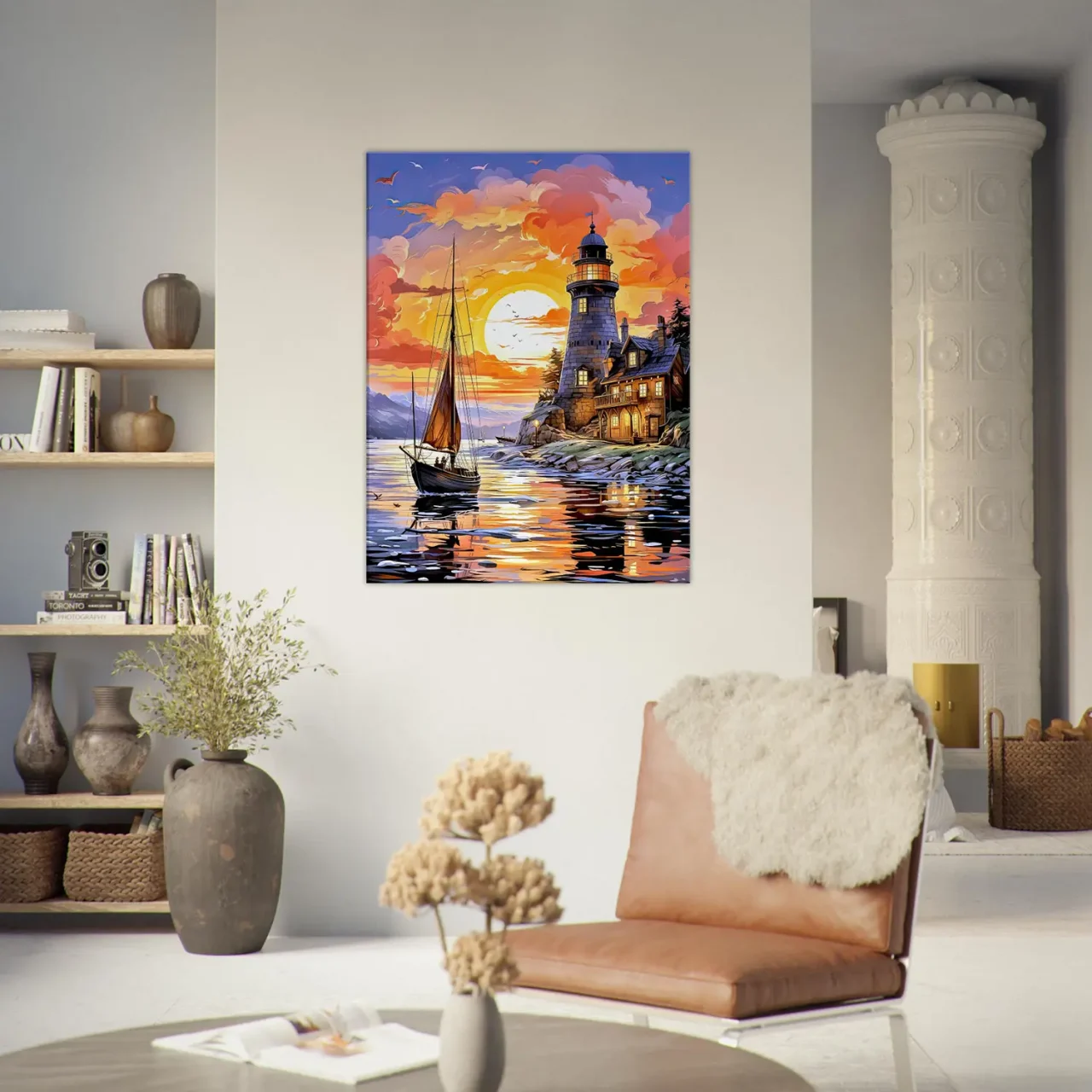 Tableau Petit voilier et phare au coucher de soleil petit voilier et phare au coucher de soleil