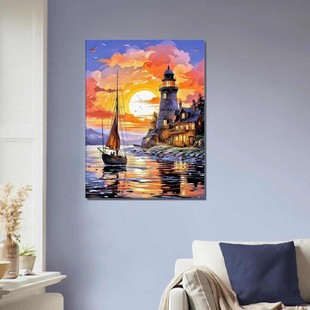 Tableau Petit voilier et phare au coucher de soleil petit voilier et phare au coucher de soleil