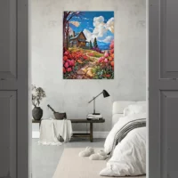 petite maison de campagne et champs de tulipe