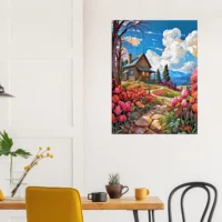 petite maison de campagne et champs de tulipe