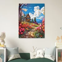 petite maison de campagne et champs de tulipe