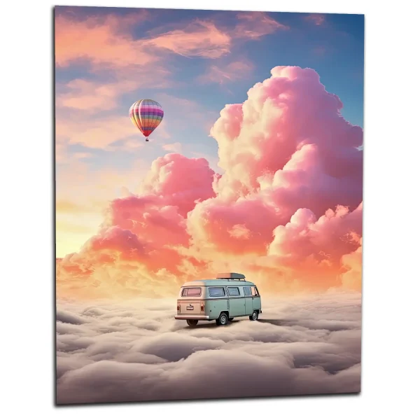van dans les nuages, montgolfière dans le ciel