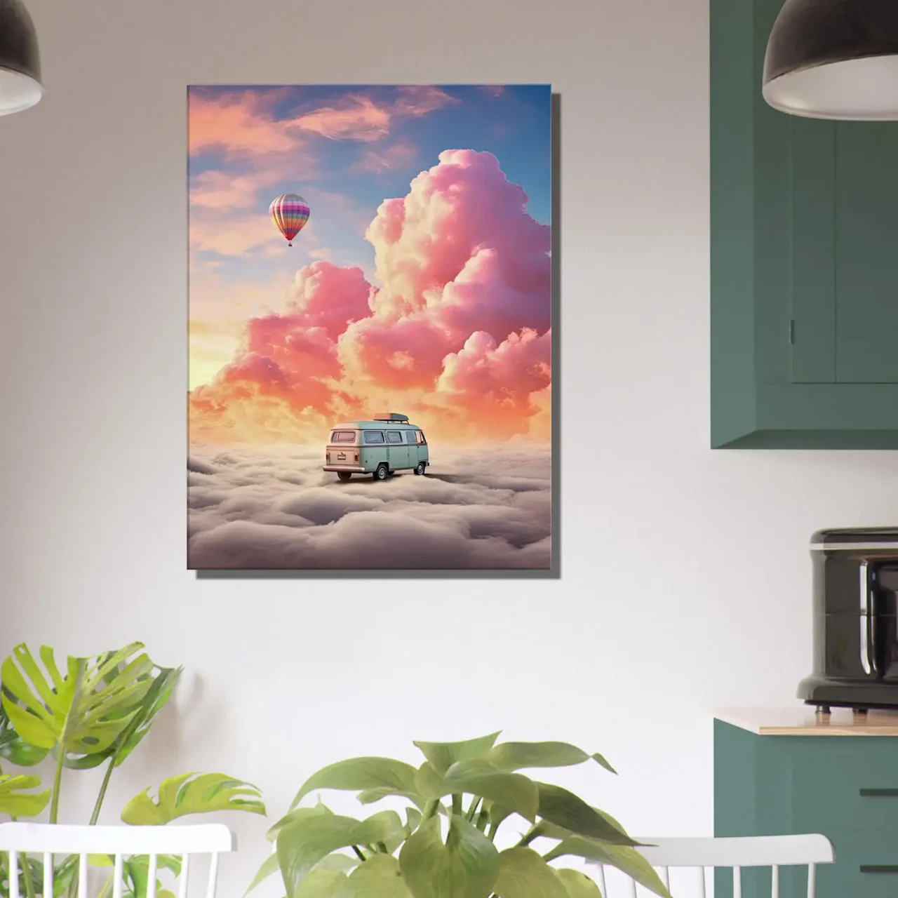 van dans les nuages, montgolfière dans le ciel