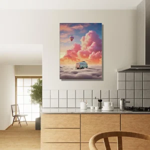 van dans les nuages, montgolfière dans le ciel