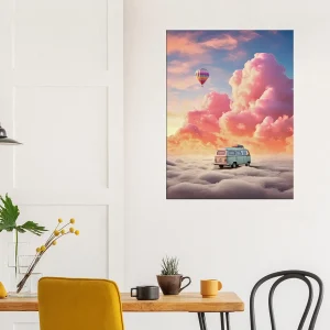 van dans les nuages, montgolfière dans le ciel