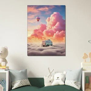 van dans les nuages, montgolfière dans le ciel