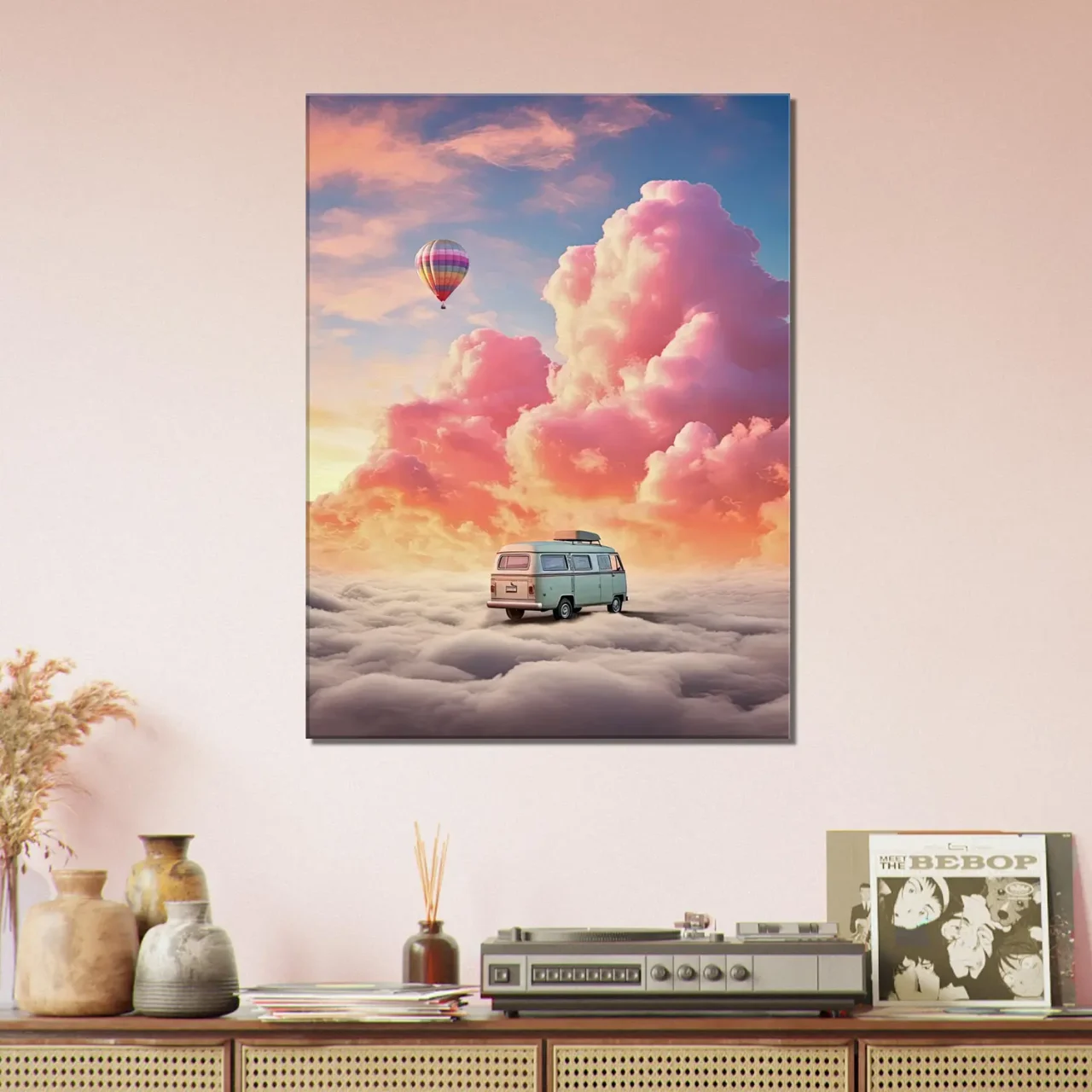 van dans les nuages, montgolfière dans le ciel