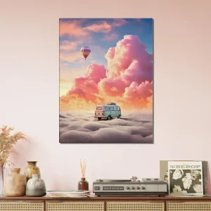 van dans les nuages, montgolfière dans le ciel