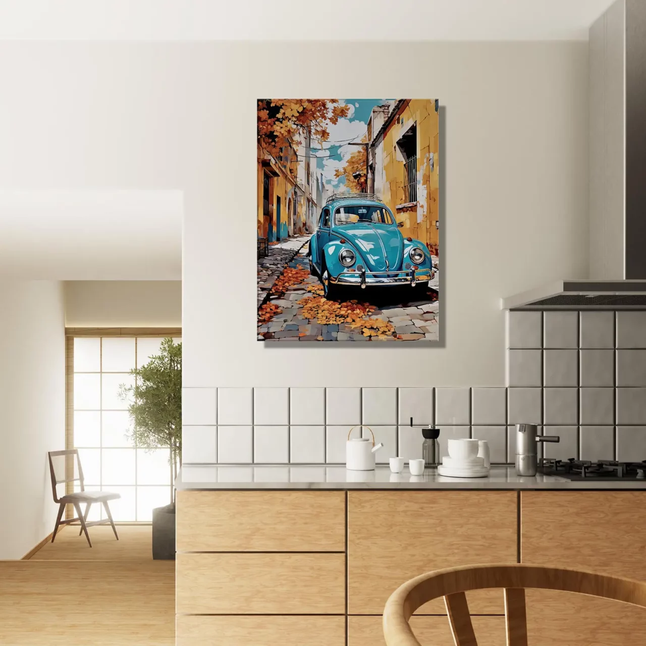 coccinelle bleue dans un village automnal