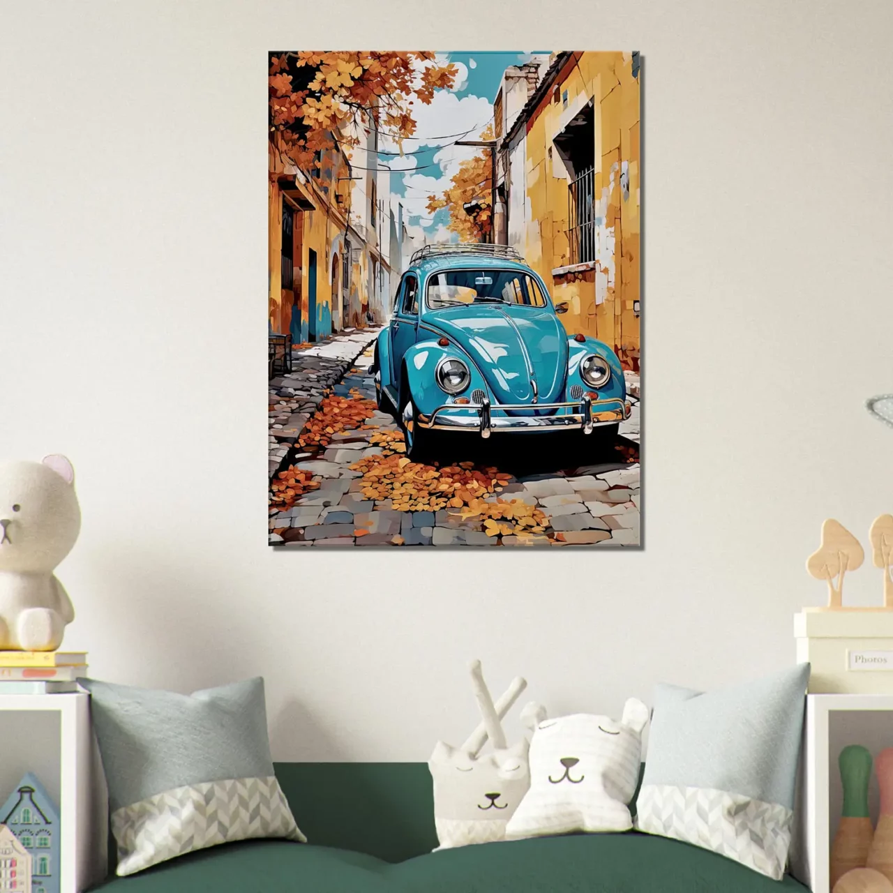 coccinelle bleue dans un village automnal