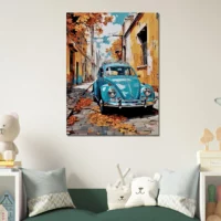 coccinelle bleue dans un village automnal