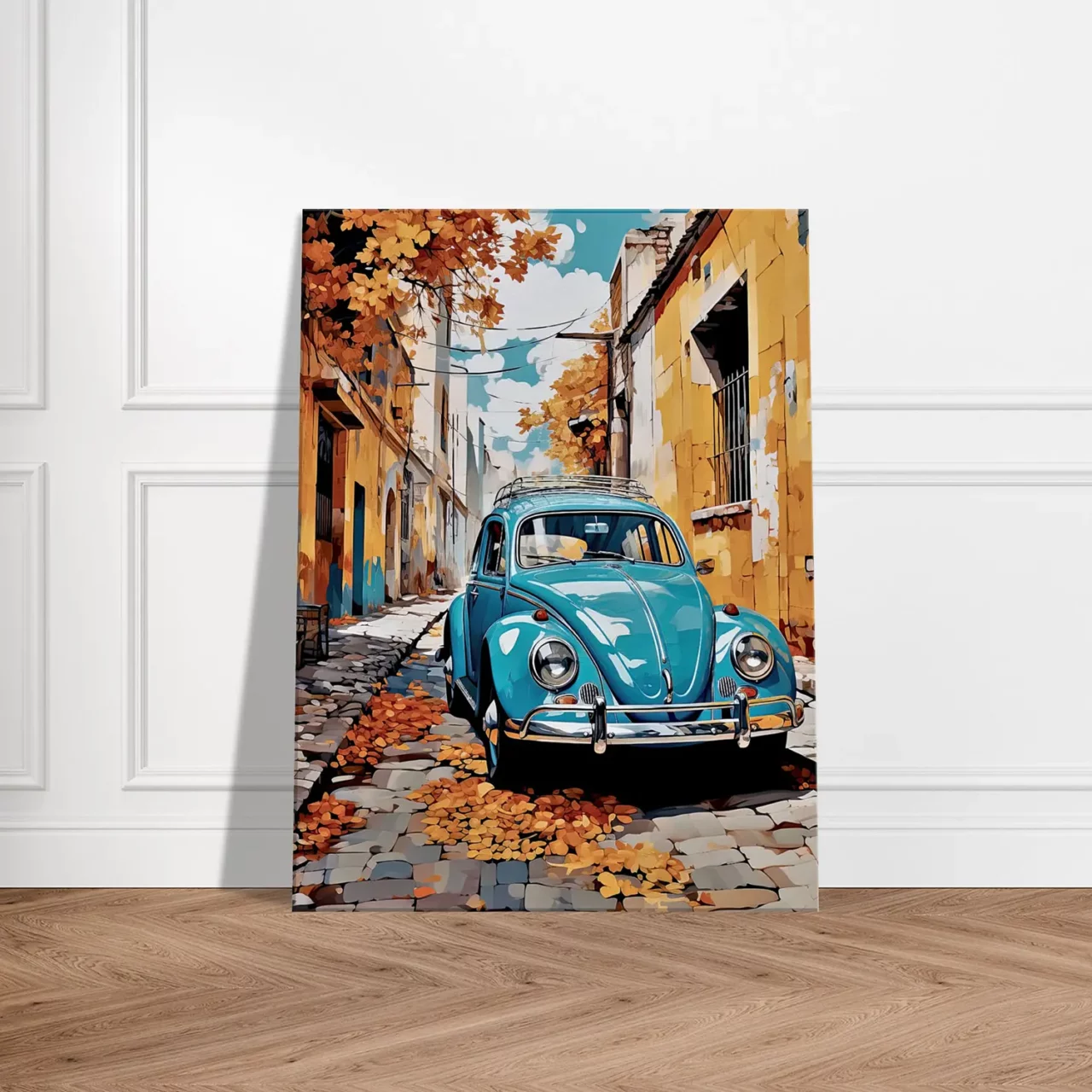 coccinelle bleue dans un village automnal