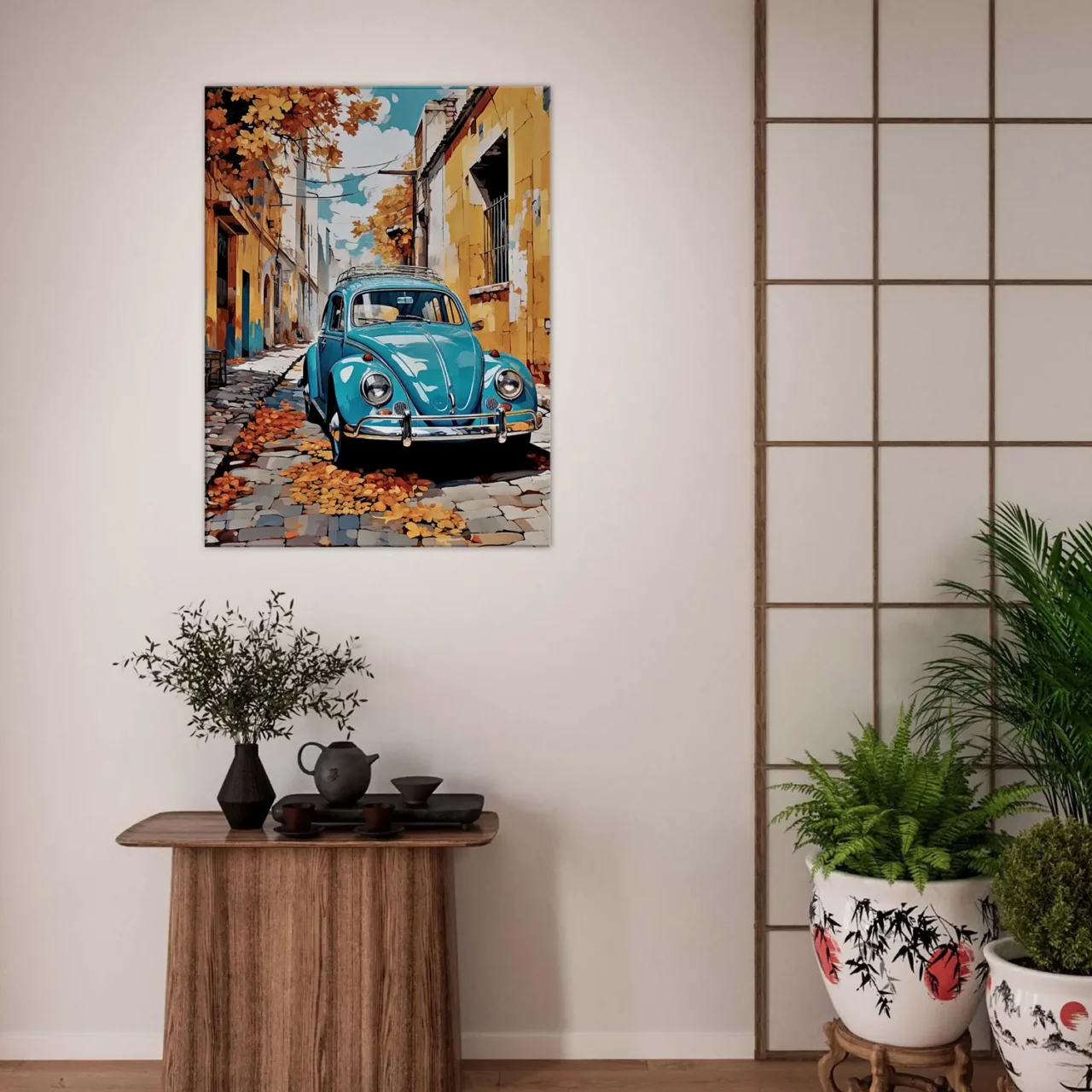 coccinelle bleue dans un village automnal